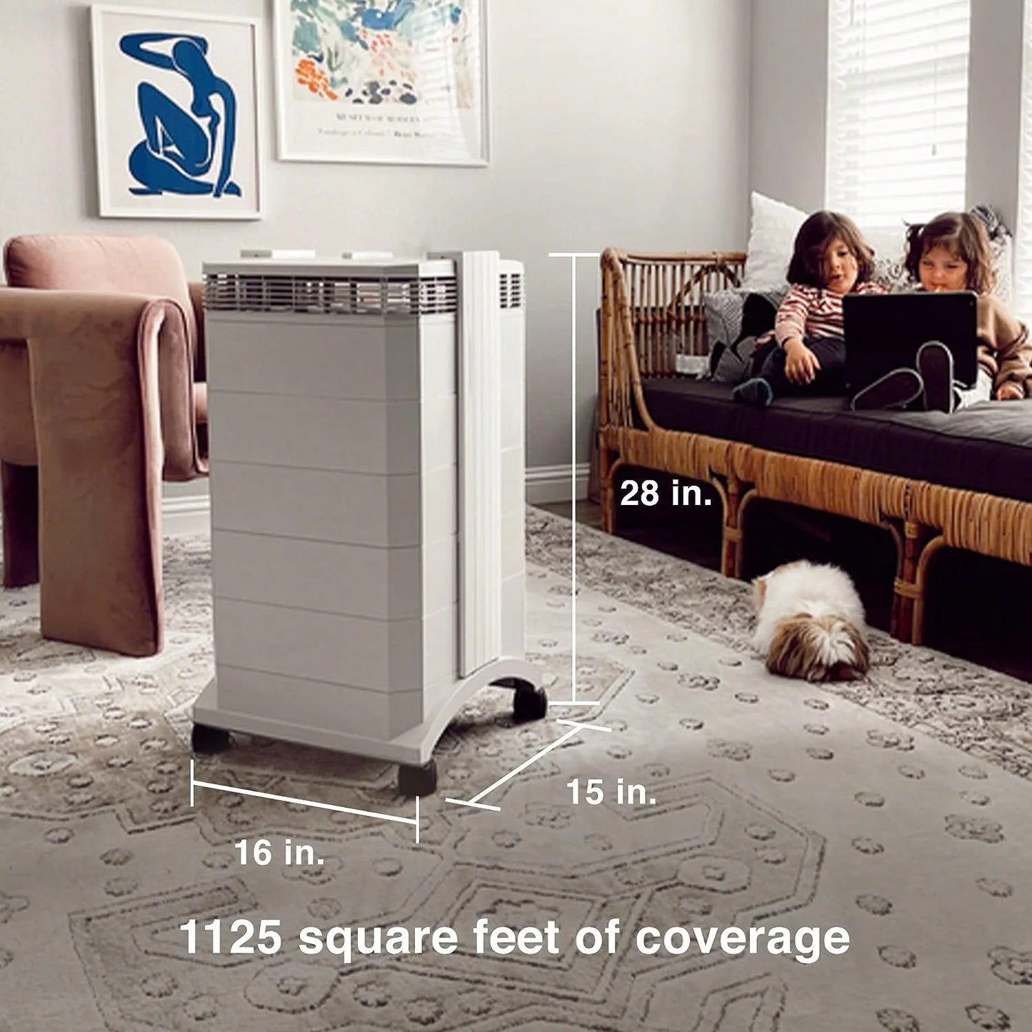 Large white air purifier for 1125 sq ft in a living room with children and a dog