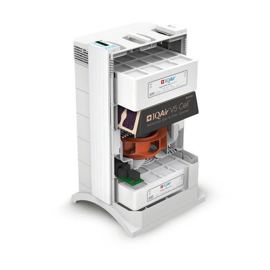 Medical-grade air purifier with visible internal filters and advanced odor control components