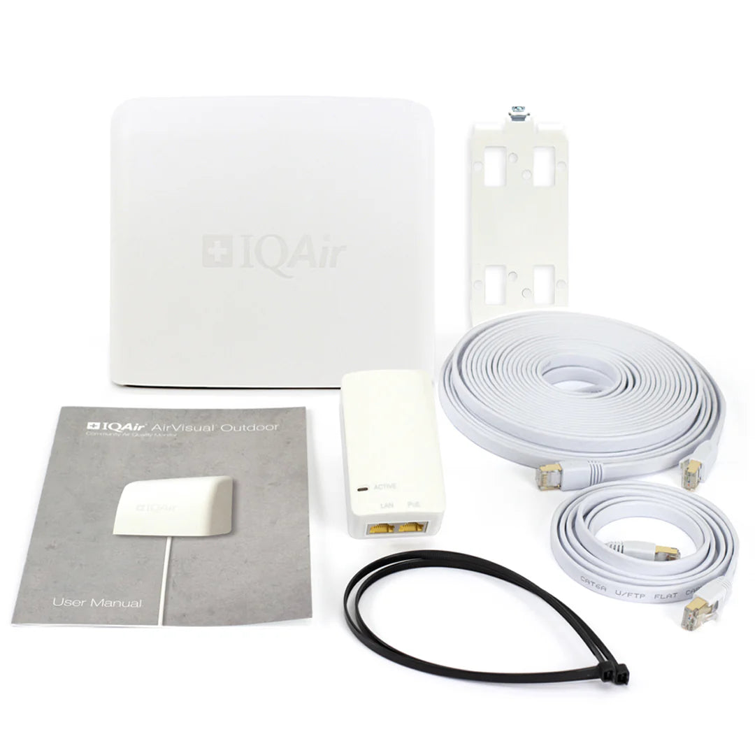 IQAir outdoor air quality monitor kit with cables, mount, and user manual
