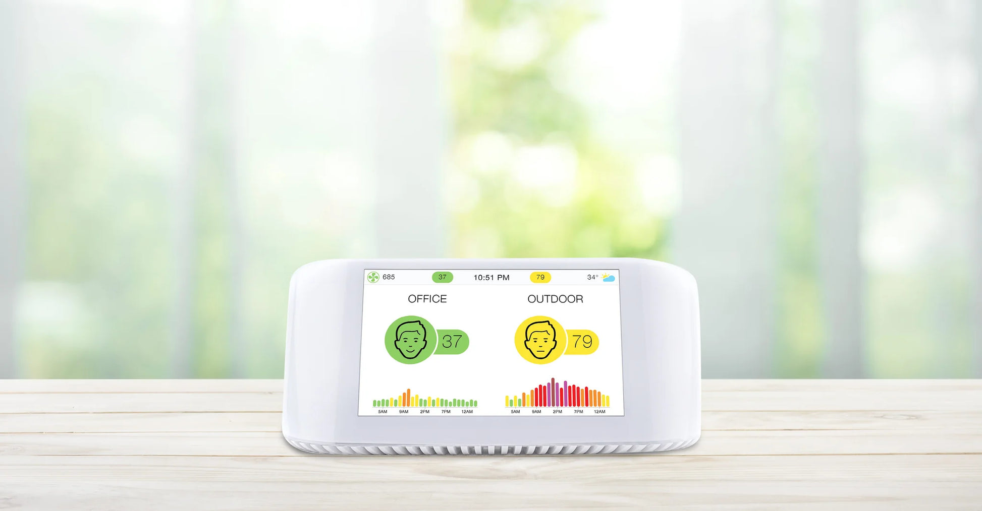 Air quality monitor displaying indoor and outdoor air quality readings on a wooden table.