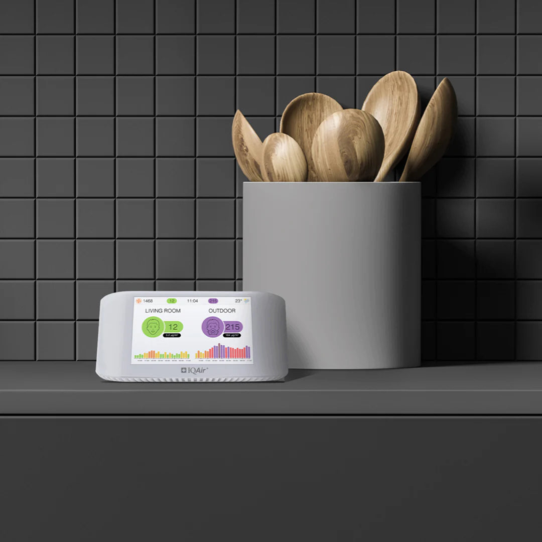 Digital air quality monitor on kitchen counter with black tile backsplash and wooden utensils