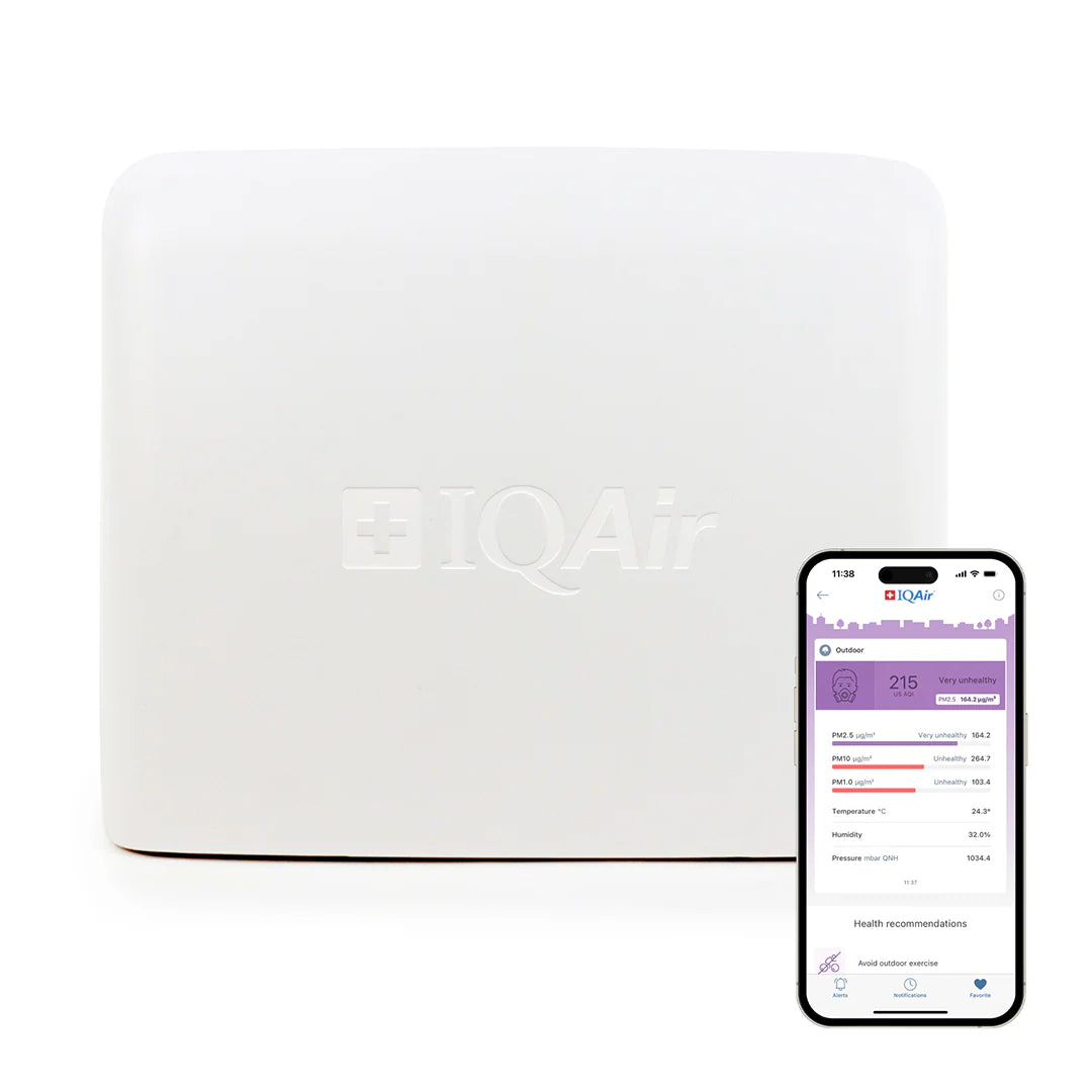 Outdoor air quality monitor device with mobile app displaying air pollution data