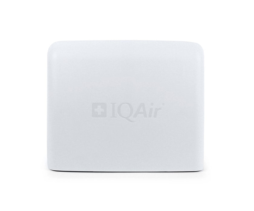 White IQAir outdoor air quality monitor with minimalist rectangular design