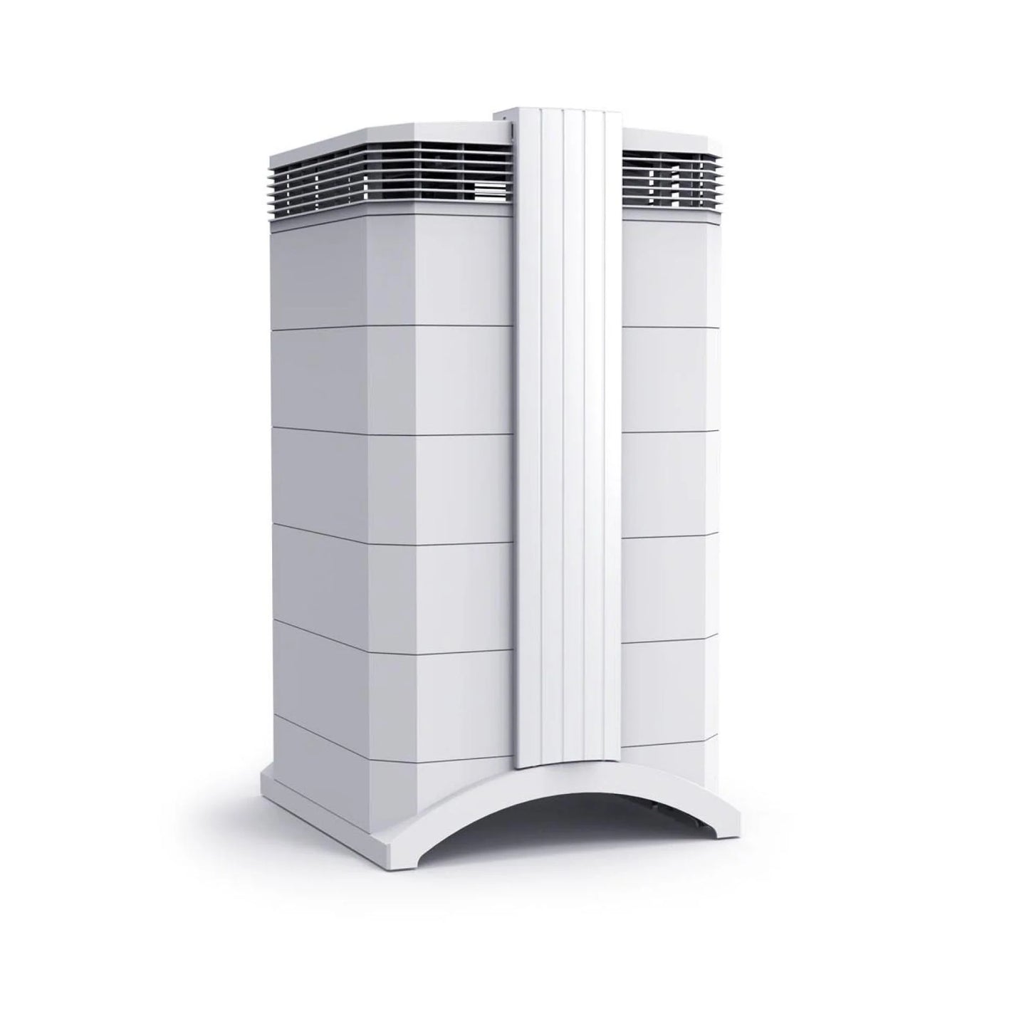 Modern white air purifier with vertical vents and sleek design on white background