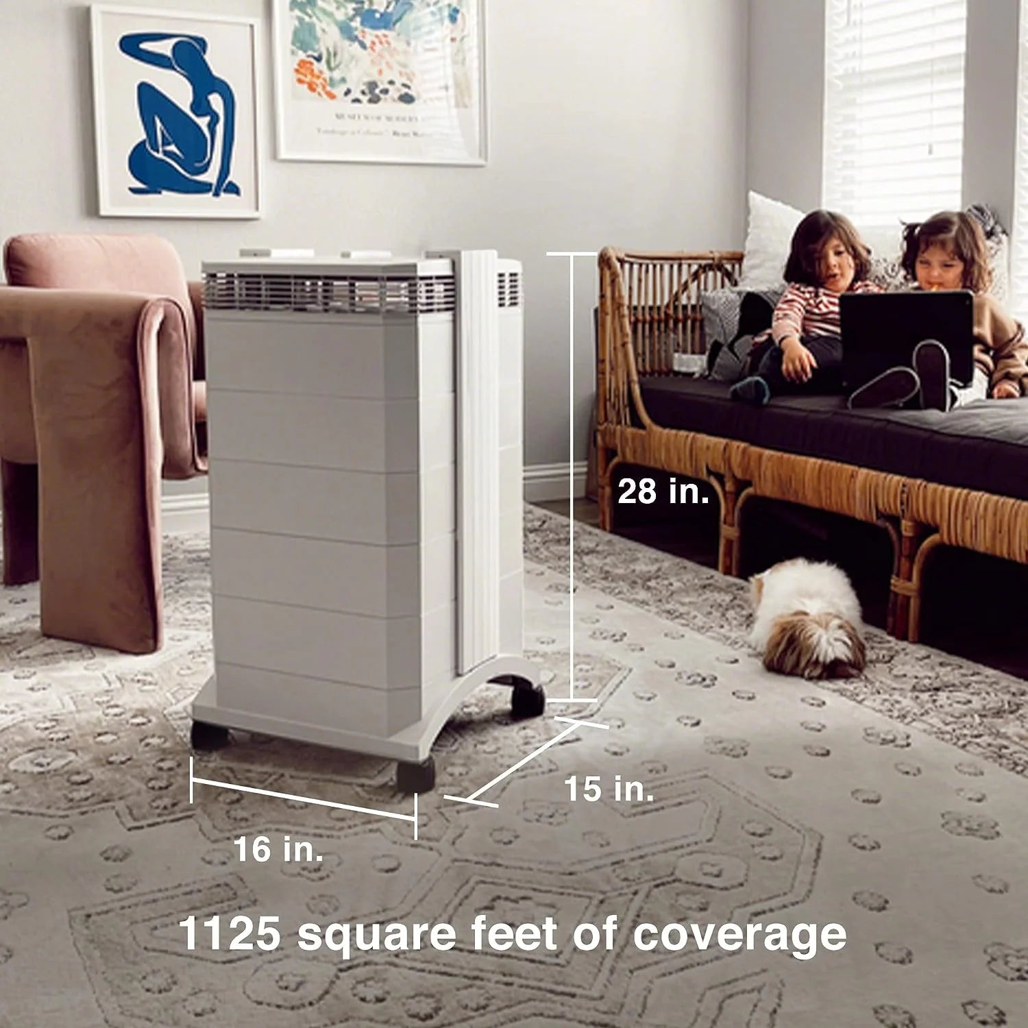 Large white air purifier for 1125 sq ft in a living room with children and a dog